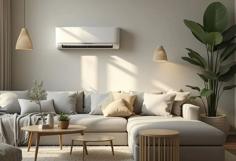 A living room with a wall-mounted split air-conditioning unit